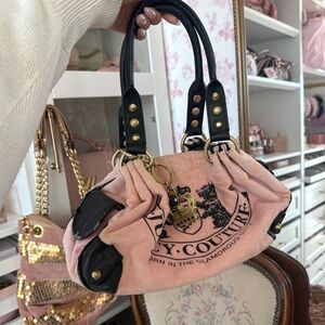 Juicy Couture Blush Pink Velvet Satchel with Black Trim & Gold Hardware